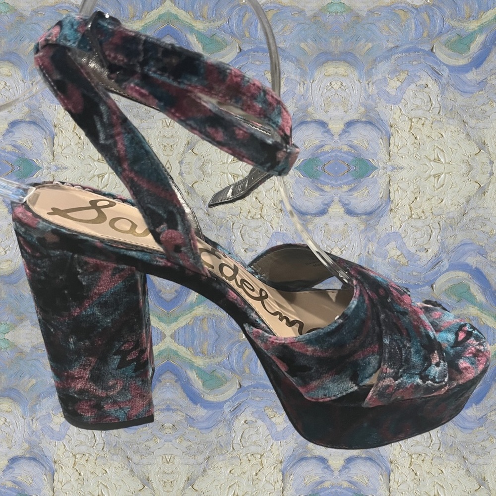 Sam Edelman Multicolor Velvet Platform Ankle-Tie Sandals - Teal, Pink, Black - Picture 10 of 10